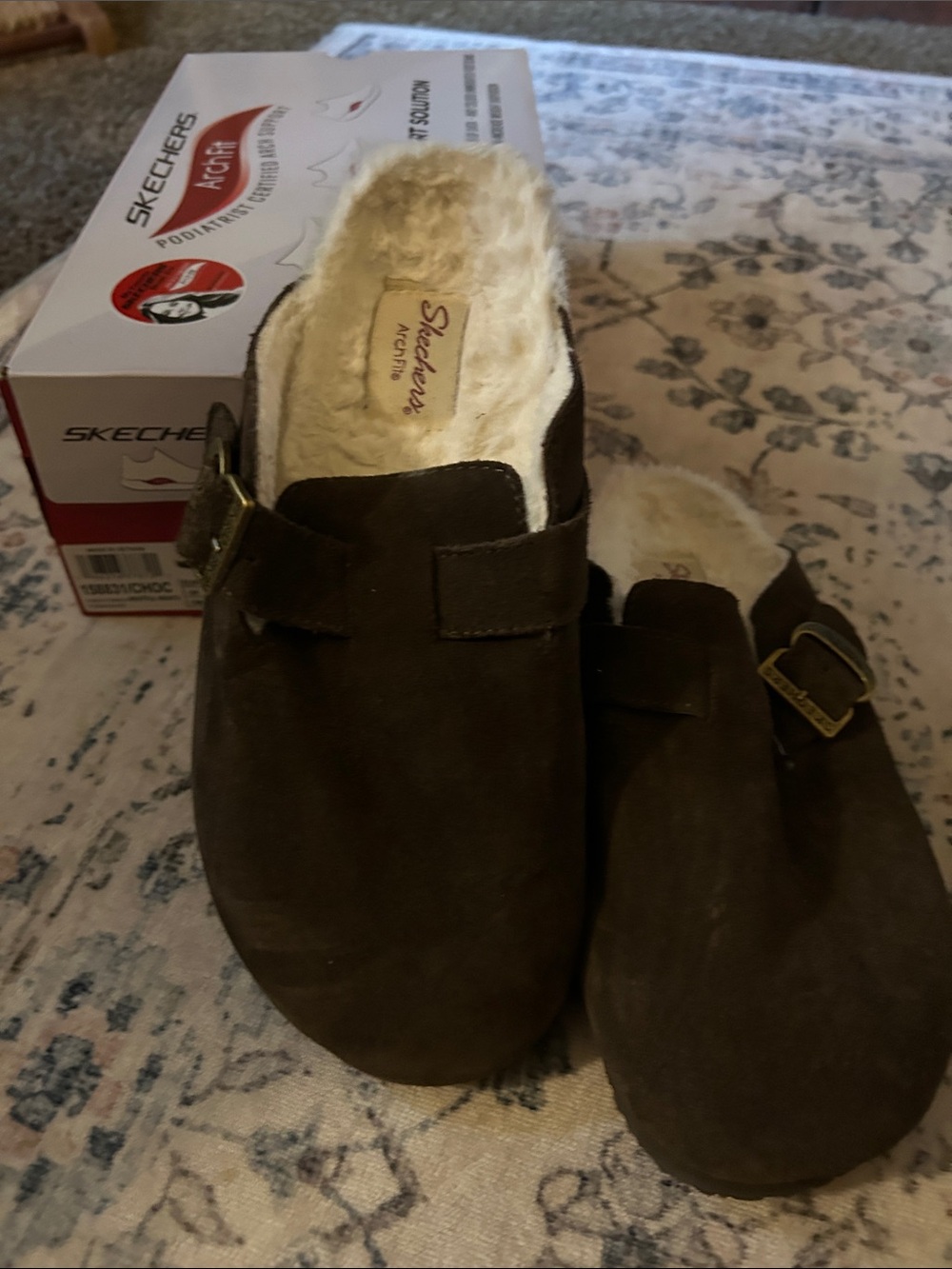 Skechers Dark Brown Suede Fur-Lined Slip-On Clogs with Buckle